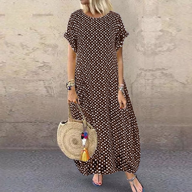 EIMELI Robe Décontractée pour Femmes Robe Décontractée pour Femmes à Pois Manches Courtes Col Rond Robe Maxi Vêtements pour Femmes G Noir