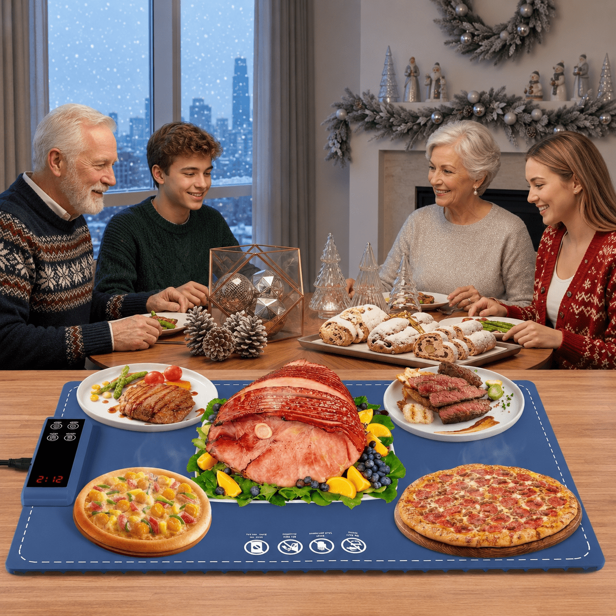 Fenbeli Food Warming Tray, Full-Surface Electric Heating Mat with 6 Temperature Levels, 5 Timer Settings, Foldable, Blue