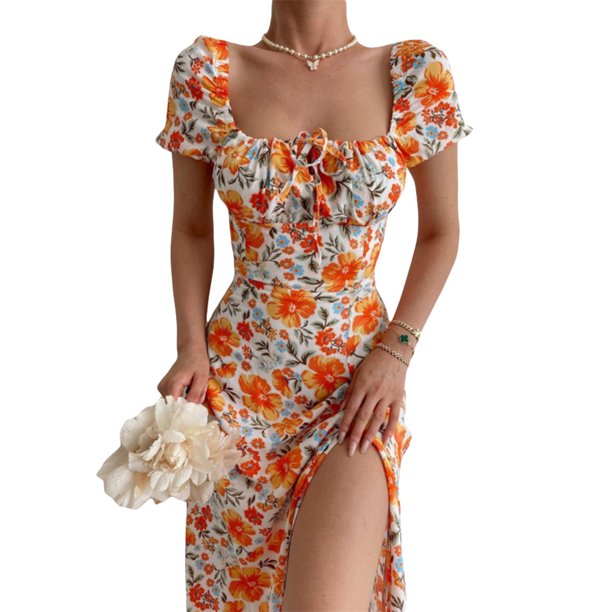 TRKIYQC Vestido de Manga Corta para Mujer con Estampado Floral, Correa de Cuello Cuadrado Versión Dividida Ropa de Verano TRKIYQC moda