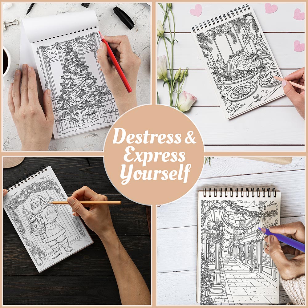 Netecom Festive Christmas Coloring Book Spiral Bound for Adults, A5 Wooden Cover, 30 Beautiful Coloring Pages of Xmas Day for Stress Relief and Relaxation