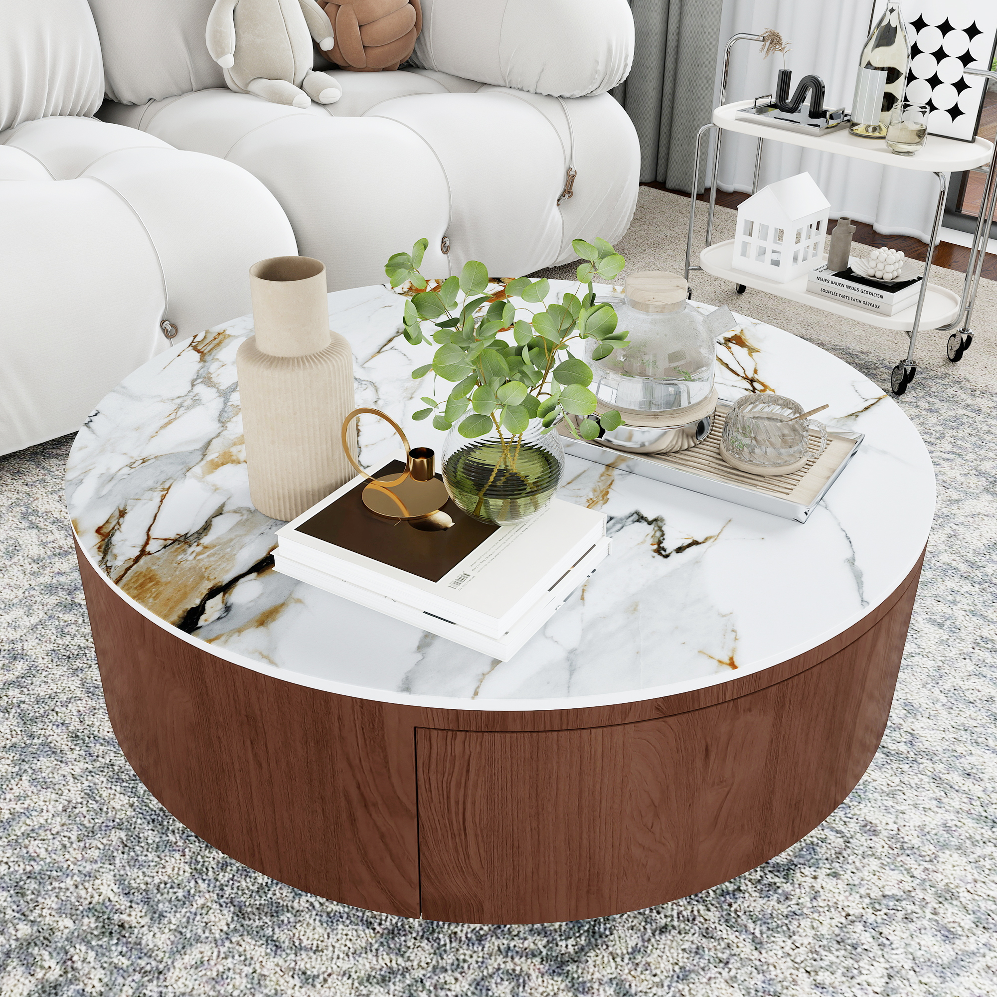 MDQMD 35" Round Faux Marble Coffee Table with 2 Silent-Close Drawers & Stainless Steel Legs - Modern Walnut Storage Center Table for Living Room, White Luxury Sturdy Design