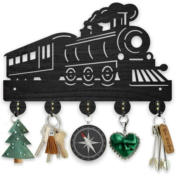 Wooden Steam Train Coat Rack Wall Mount Vintage Retro Train Key Hanger for Wall 11.8×7.9inch Train Tracks Key Holder Key Rack 5 Alloy Hooks Wall Art Decor Gift Living Room Office Entryway