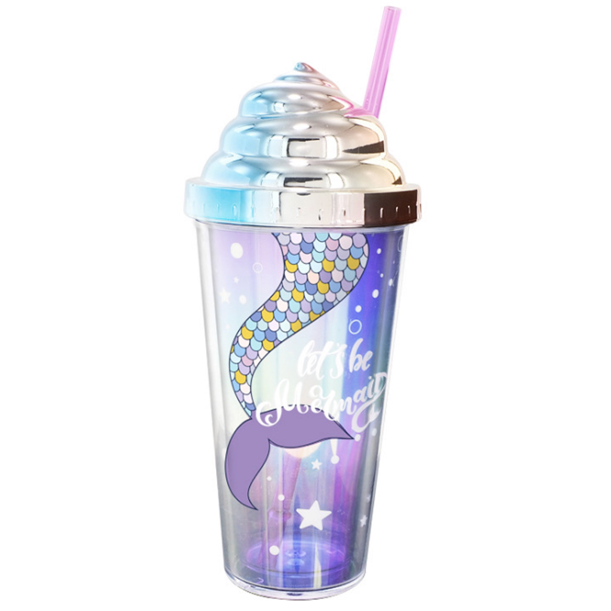 New Design Pink Mermaid & Unicorn Plastic Cup Tumbler with Lid & Spiral Straw 