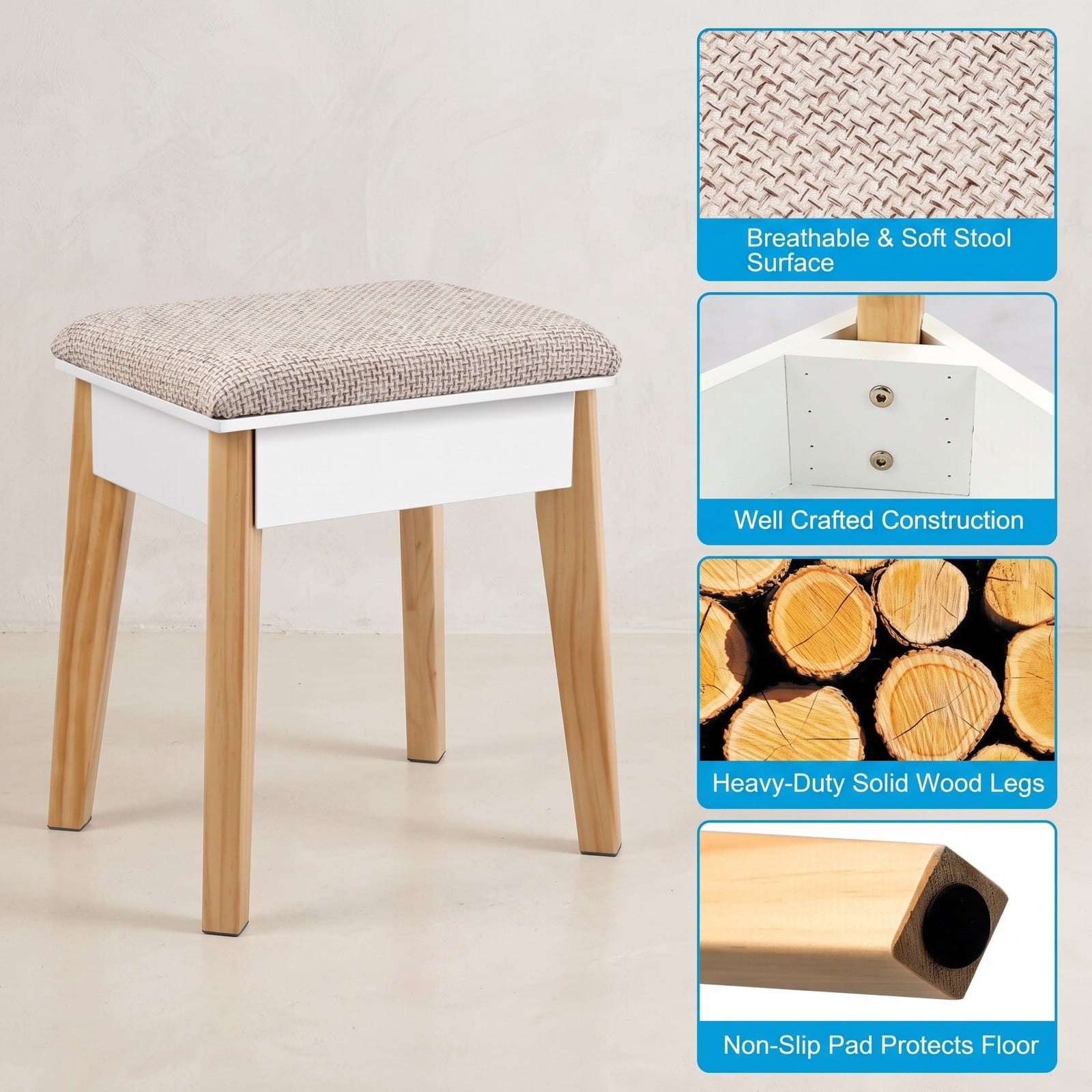 Furnibear Vanity Table Set with Large Mirror and Cushioned Stool, Makeup Dressing Table with 3 Drawers and 2-Tier Tabletop, White