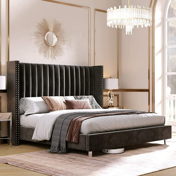 PaPaJet King Size Tufted Upholstered Platform Bed Frame Low Profile