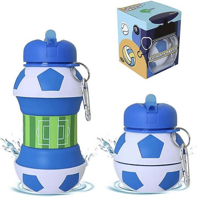 Botella Agua Plegable Deportiva Forma de Balón Fútbol Basquetbol Beisbol Tenis, Termo Portable. Botella Plegable para Viaje Deportes Xtellar azul