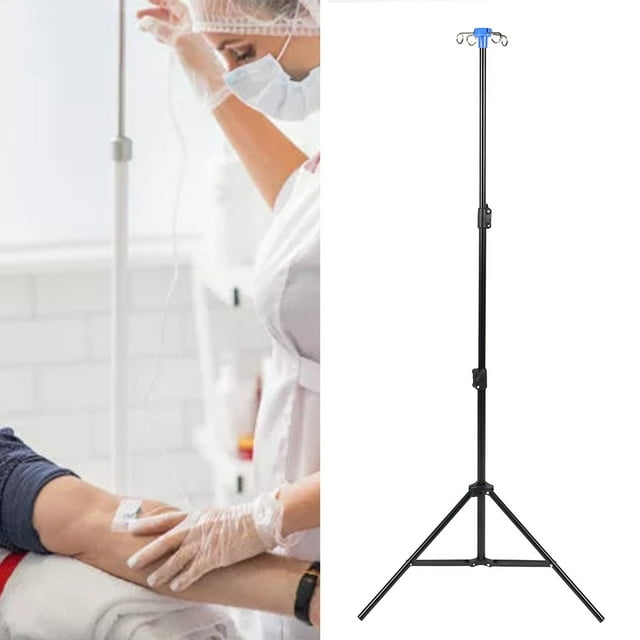 IV Stand, Adjustable Height Portable IV Pole with 4 Hooks for Clinic