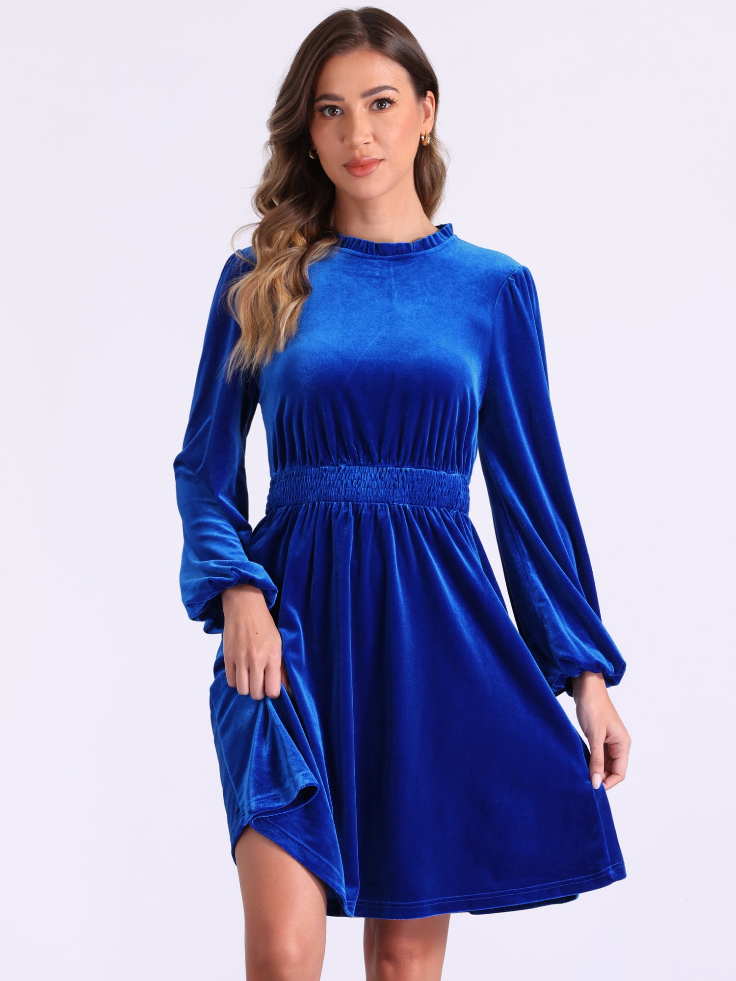 DARING DIVA Velvet Smocked Waistline Wedding Guest Dress XS Blue