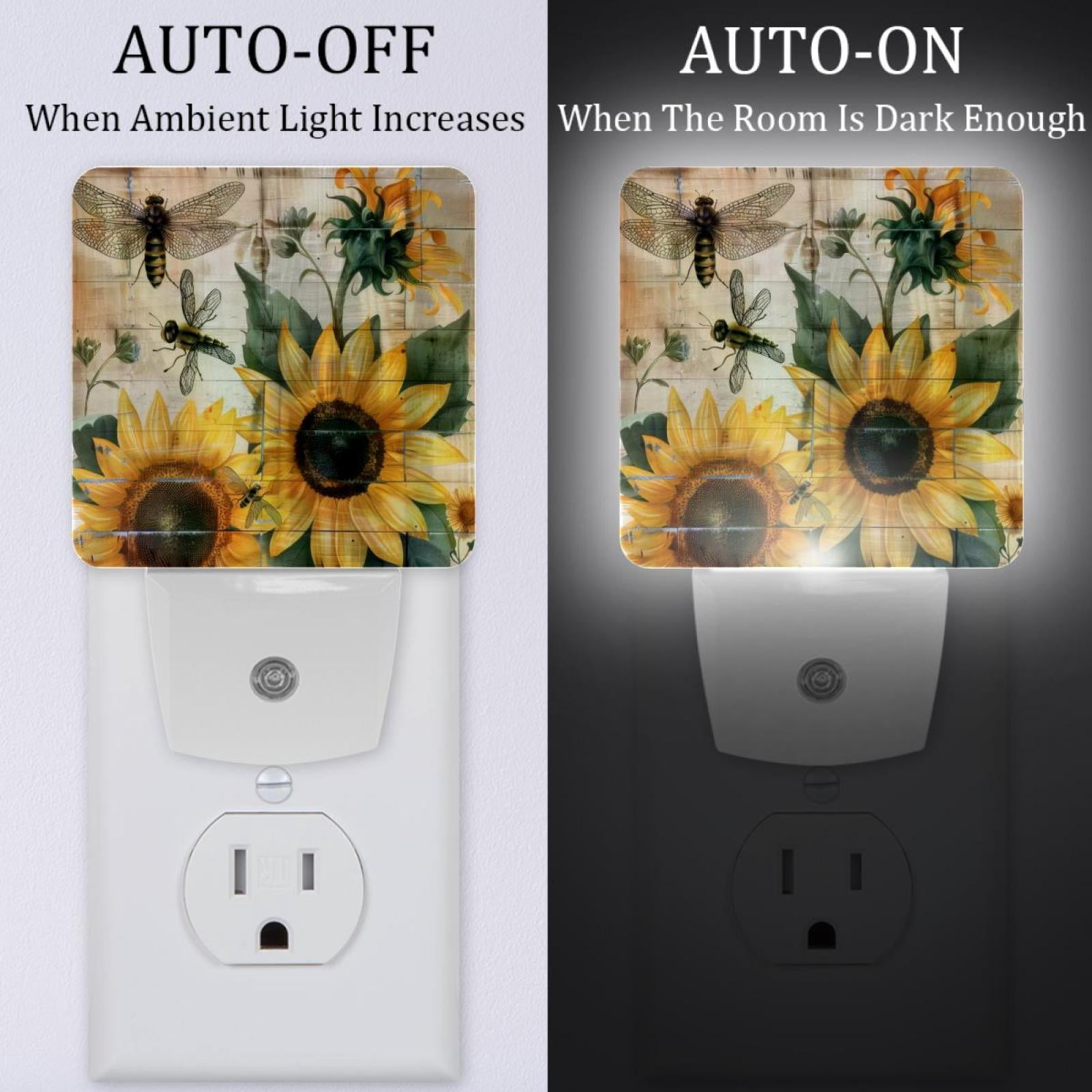 PhooArto Sunflower Bee on Rustic Wooden Plug in LED Night Light Auto Sensor Dusk to Dawn Decorative Night for Bedroom, Bathroom, Kitchen, Hallway, Stairs, Baby's Room, Energy Saving