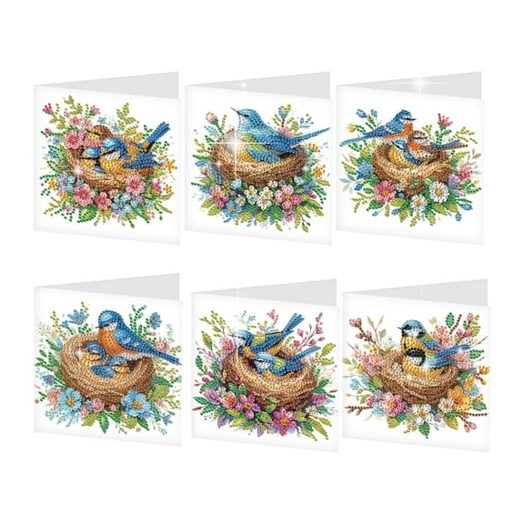 6pcs Diamond Painting Greeting Card Kit Bird's Nest 5D DIY Diamond Art Card with Envelope Handmade Sparkling Greeting Card for Birthdays, Christmas, and Holiday Gifts