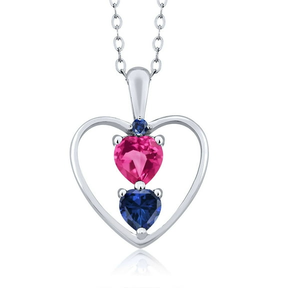 Gem Stone King 925 Sterling Silver Pink Created Sapphire Pendant Necklace for Women (1.11 Cttw, Gemstone September Birthstone, Heart 5MM and 4MM, with 18 inch Silver Chain)