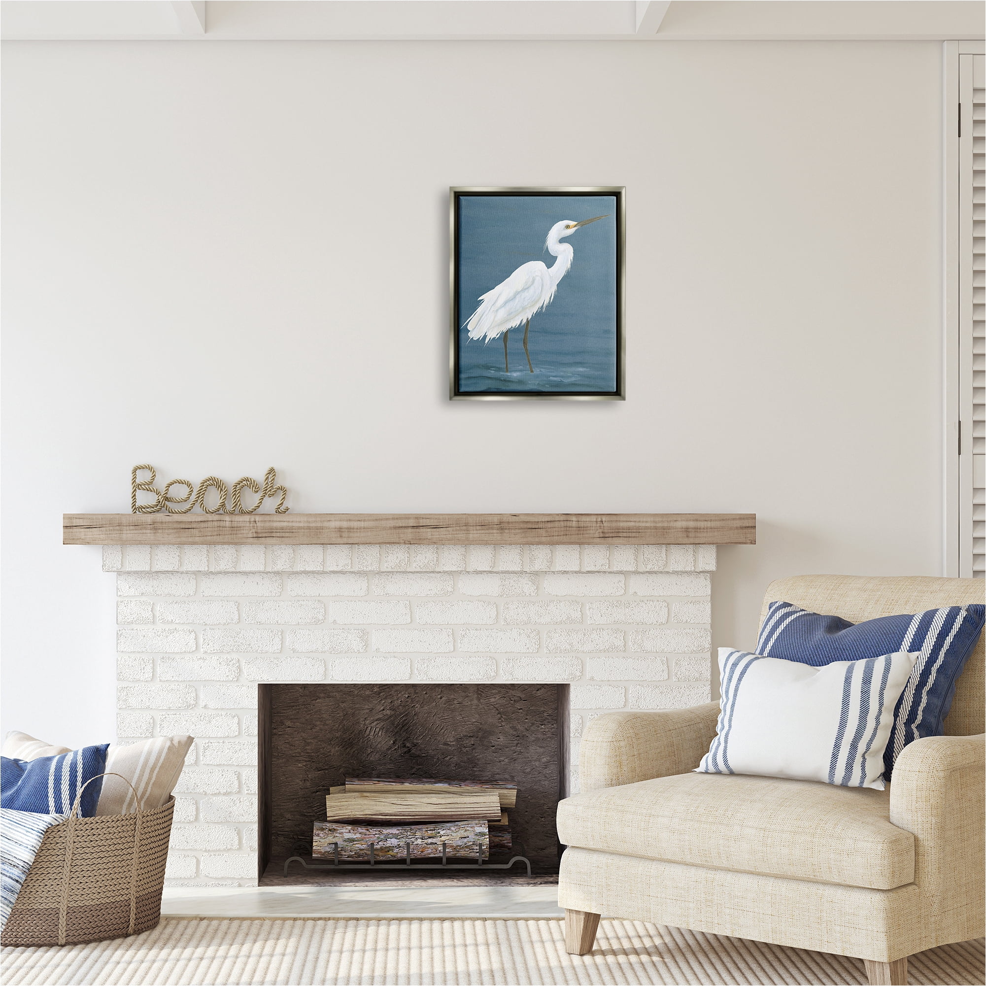 Stupell Industries Egret in Shallow Water Animals & Insects Painting Gray Floater Framed Canvas Art Print Wall Art, 17 x 21