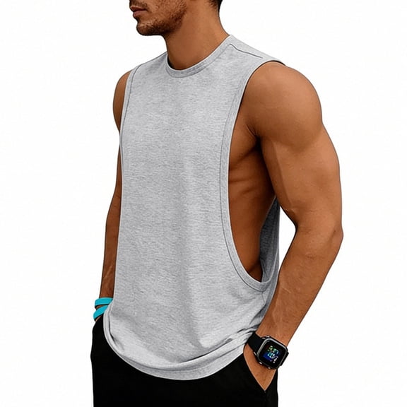 Domuza Casual Tank Tops Men Vintage Wash Breathable Sleeveless Crew-Neck Solid Shirts New Gym Workout Beach Cotton Blouses Light Gray L