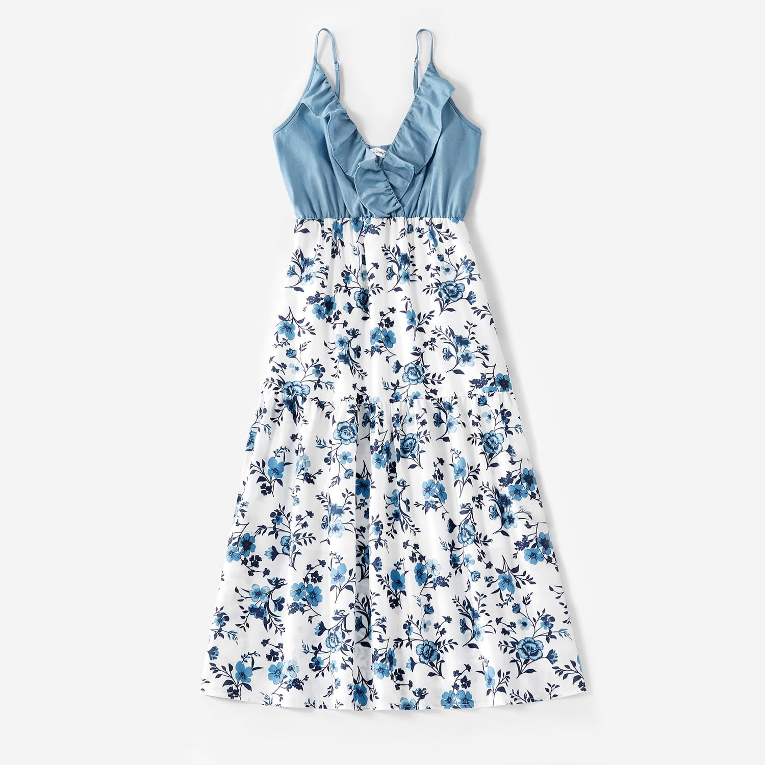 PatPat Mosaic Cotton Family Matching Outfits Mommy and Me Dark Blue Dresses and Denim Tops Polo Shirts Sets, Baby Girl 9-12M