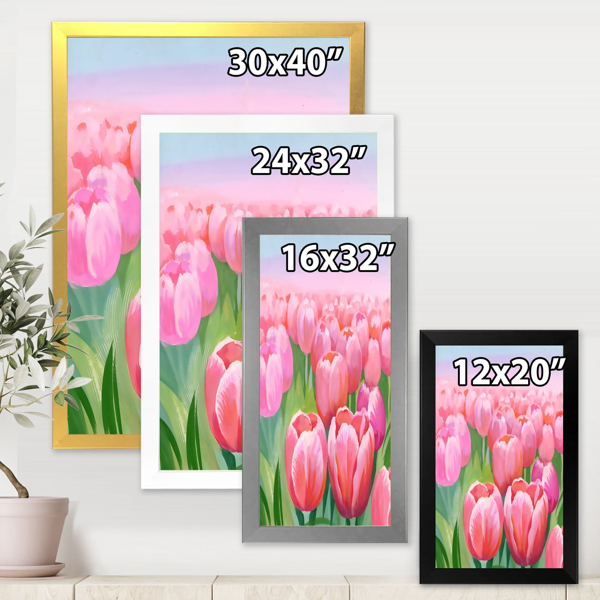 Designart 'Pink Tulips in Field' Traditional Framed Art Print