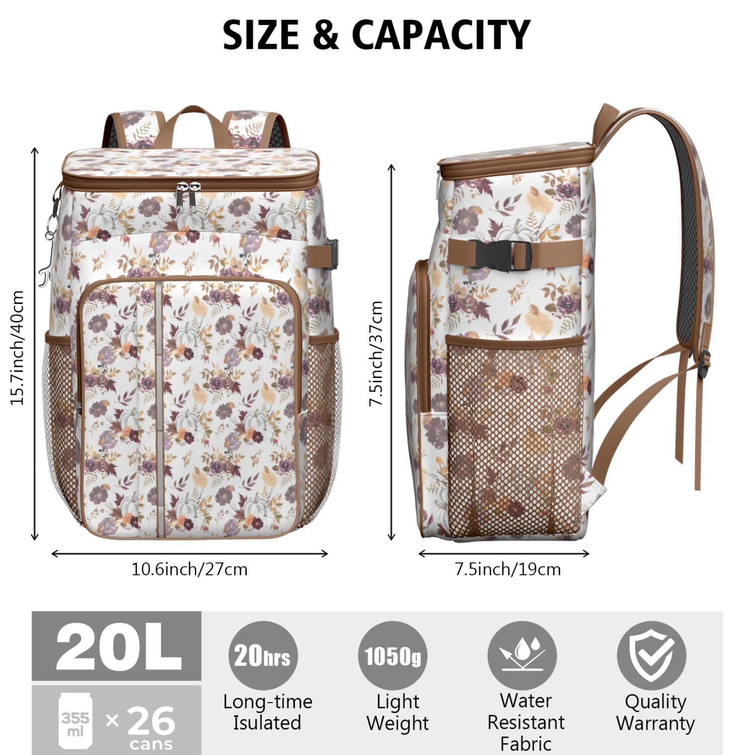 Travel Cooler Bag - Pioneer Flower Floral Print Pattern Camping Beer Cooler Backpack with Bottle Opener- Waterproof Insulated Picnic Backpacks - Cooler Bag for Beach