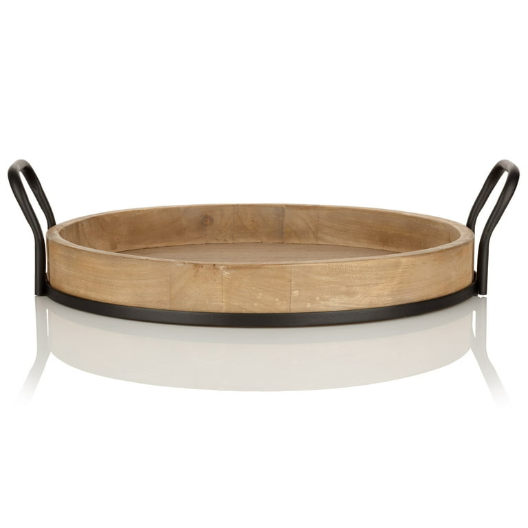 Better Homes & Gardens Round Wood Serving Tray with Black Handles, 18.5 x  17 