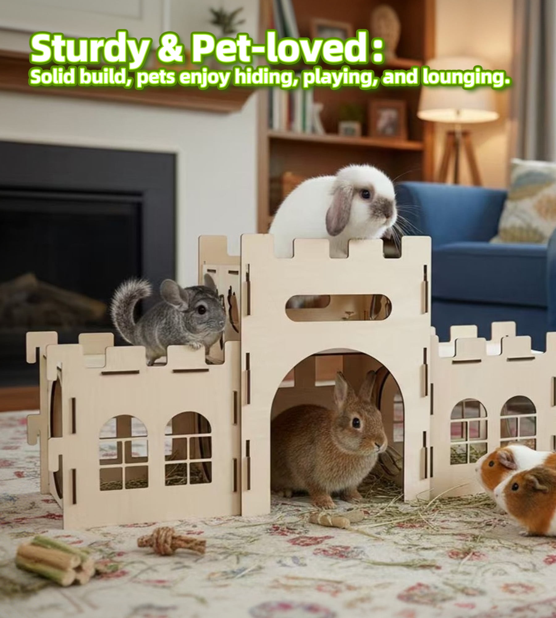 HIIMALEX Extra Large Bunny Castles Hideout Split Balcony for Indoor Bunnies Climbing Tower with Tunnel Sturdy House for Rabbits Ferrets Guinea Pigs Hamsters Ventilated Enrichment Toys Habitat