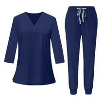 Mohiass Scrub Sets for Woman V-Neck 3/4 Sleeve Tops and Long Pants Solid Color Nurse Uniform with Pockets Dark Blue S