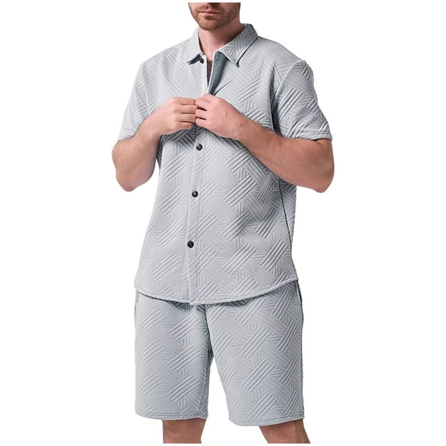NTACZA Men's Shorts Set Short Sleeve Button Down Tracksuits Big And Tall Texured Lapel Sweatsuits M