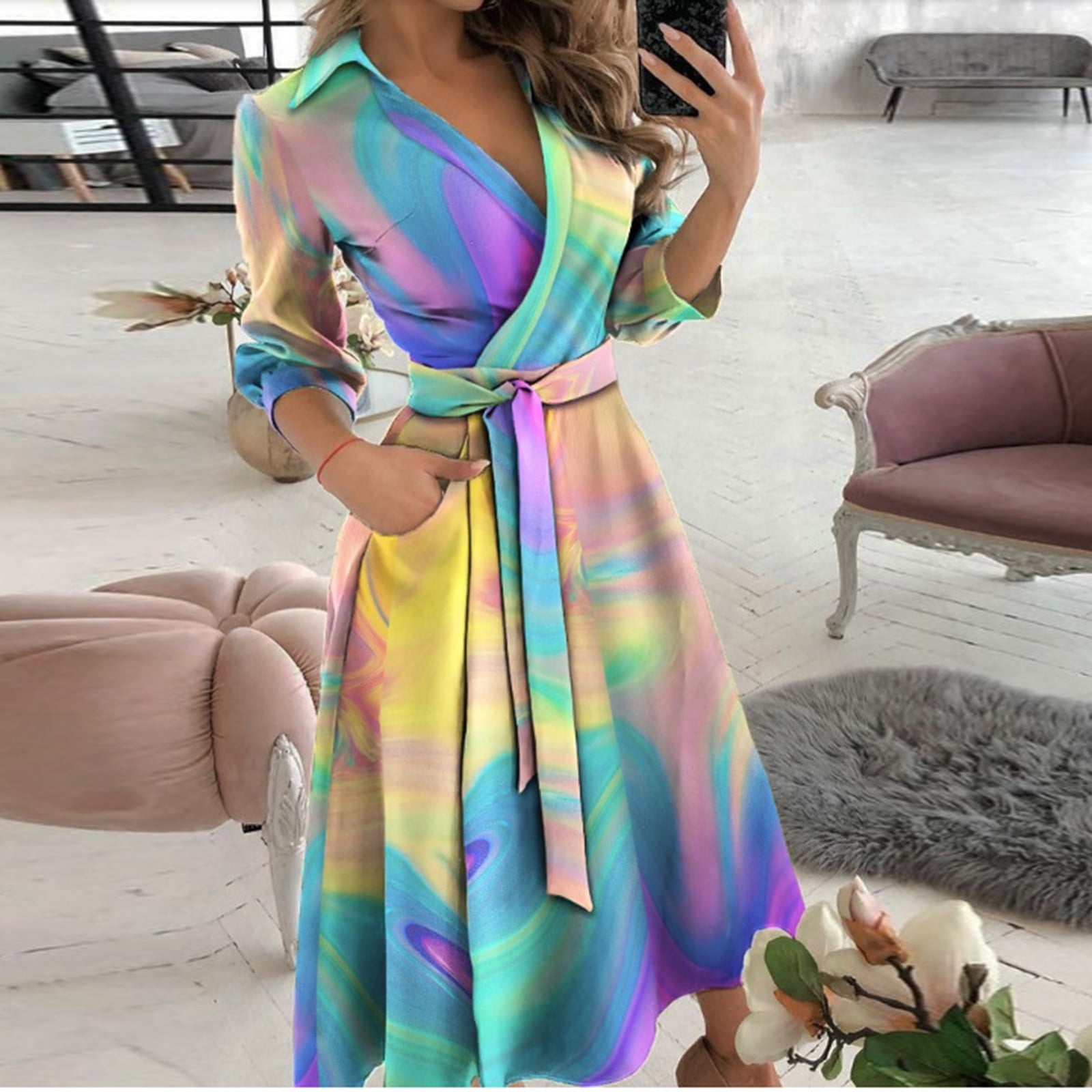 Pisexur Robe Longue à Manches Longues pour Femmes Boho en Chiffon