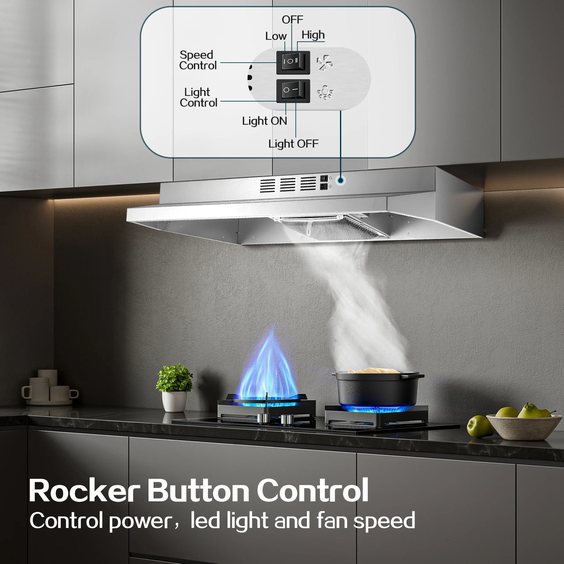 Range Hood 36 Inch Under Cabinet, Stainless Steel Kitchen Vent Hood 280CFM, Built-in Kitchen Stove Hood W/Rocker Button Control