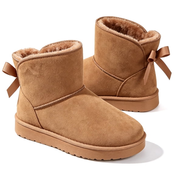 Knivor Cozy Winter Boots for Women Fuzzy Warm Ankle Snow Boots with Back Bow Detail Stylish Slip On Short Boots for Casual Cold Weather Outdoor Wear