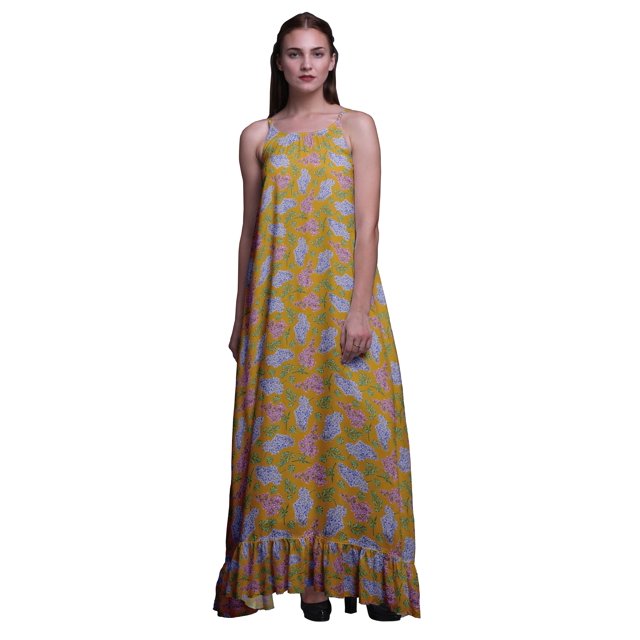 Bimba Robe de Nuit Imprimée Feuilles Florales & Lys pour Femmes Longue Bretelles Spaghetti Maxi Robe de Nuit Petite