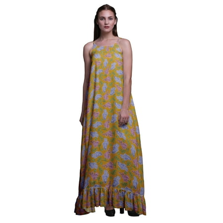 

Bimba Goldenrod2 Floral Leaves & Lily Printed Long Maxi Dress For Women Rayon Nightgown Spaghetti Strap Ladies Sleepwear X-Small