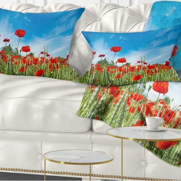 Designart Red Poppy Garden under Clear Sky - Floral Throw Pillow - 12x20