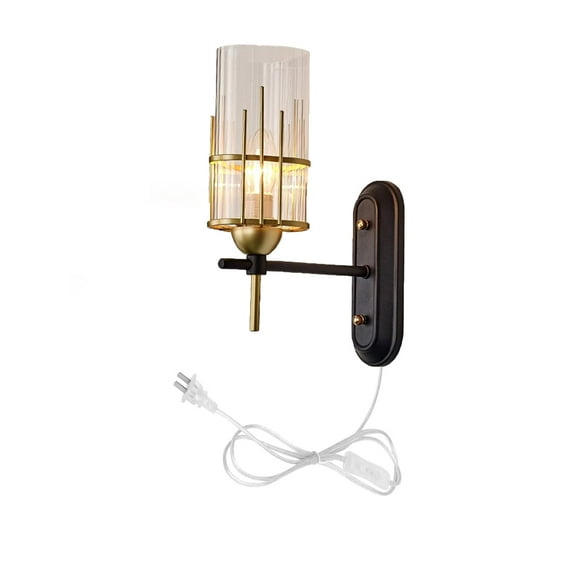 Kiven Plug-in Iron Wall Sconce Lamps Lighting Fixture with in-line Cord Button Switch,Glass Shade Wall lamp for Bedroom Bathroom-1 Pack