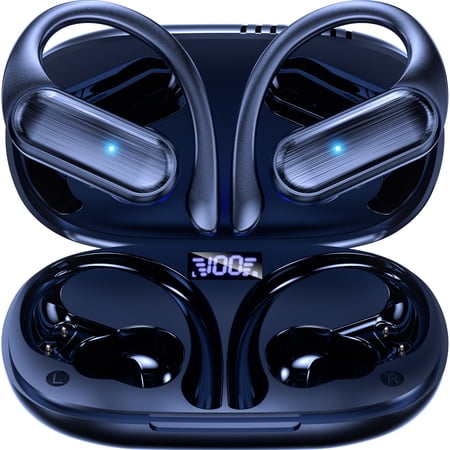 Wireless Earbuds Bluetooth 5.4 Headphones 70H Playtime Sport Earphones with LED Display,Over-Ear Buds Built in Mic in Ear Waterproof Headset for Workout Running Gaming - Blue