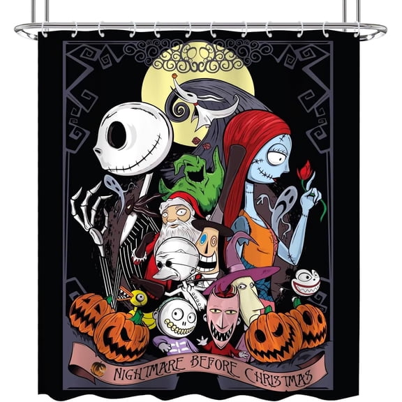 NIGHTMARE BEFORE CHRISTMAS Shower Curtain Fabric, Cool Cartoon Merry Christmas Jack Skellington and Sally Shower Curtains for Kids Christmas Bathroom Decor with 12 Hooks (Color-20)