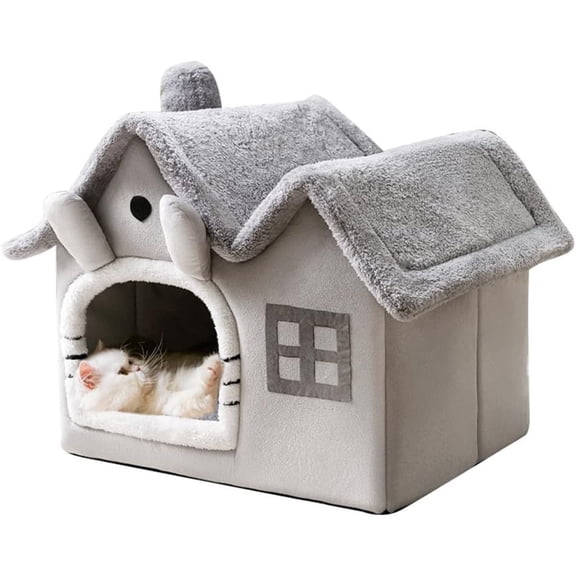 Double Roof Indoor Cat Nest, Foldable Warm Soft Kennel with Removable Cushion, Grey
