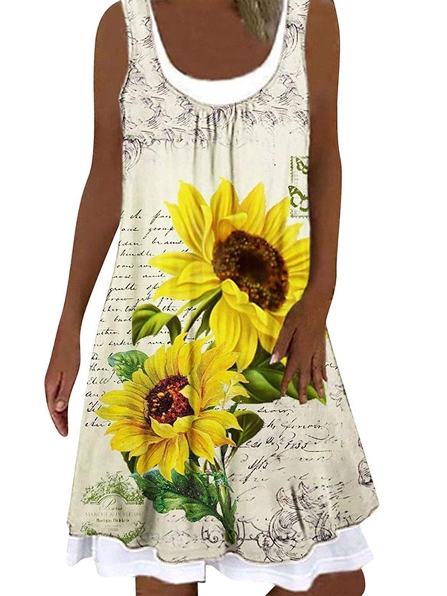 Sexy Dance Sunflower Printed Dress For Womens Casual Loose Sleeveless 