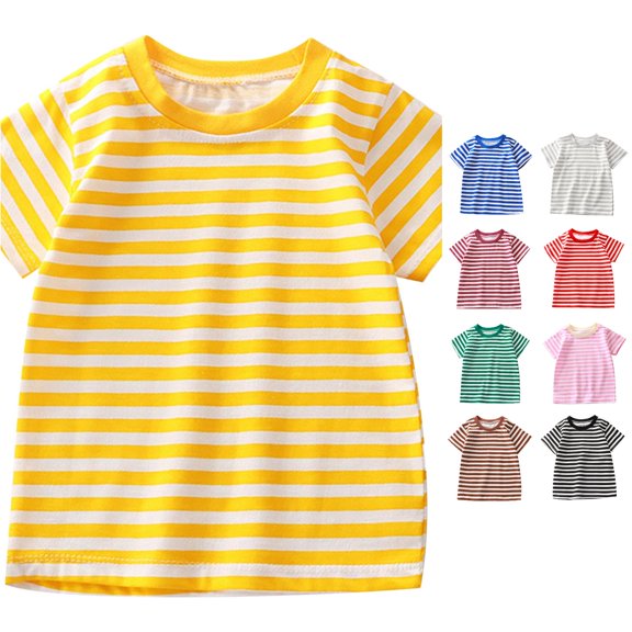 VNKIDY Toddler Kids Crew Round Neck Regular Short Sleeve Horizontal Stripe Print T-Shirt Relaxed Casual Summer Daily Basic Tee Tops For Little Boys Girls Leisure Tops Yellow 3-4 Years