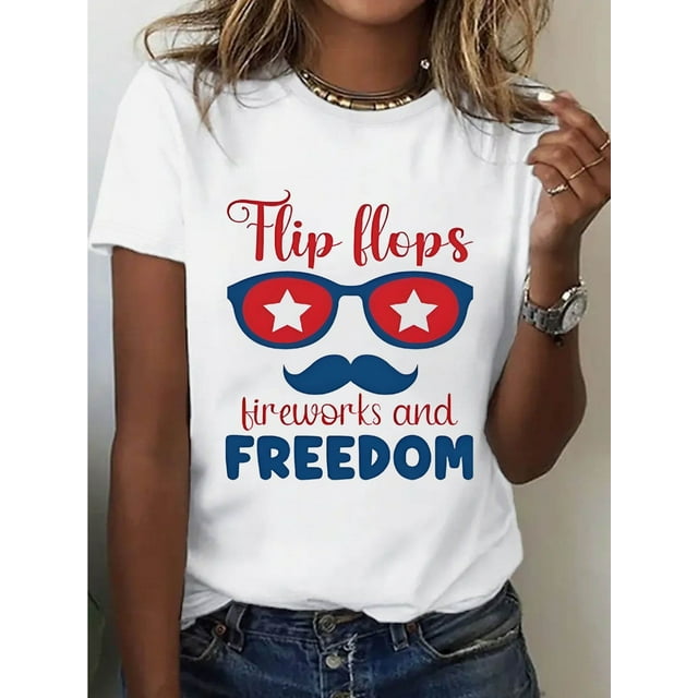 Women's Patriotic July 4th T-Shirt - Flip Flops, Fireworks & Freedom Graphic Design, Red White Blue Casual Short Sleeve Crew Neck Top, Perfect for Independence Celebrations & Summer Outfits