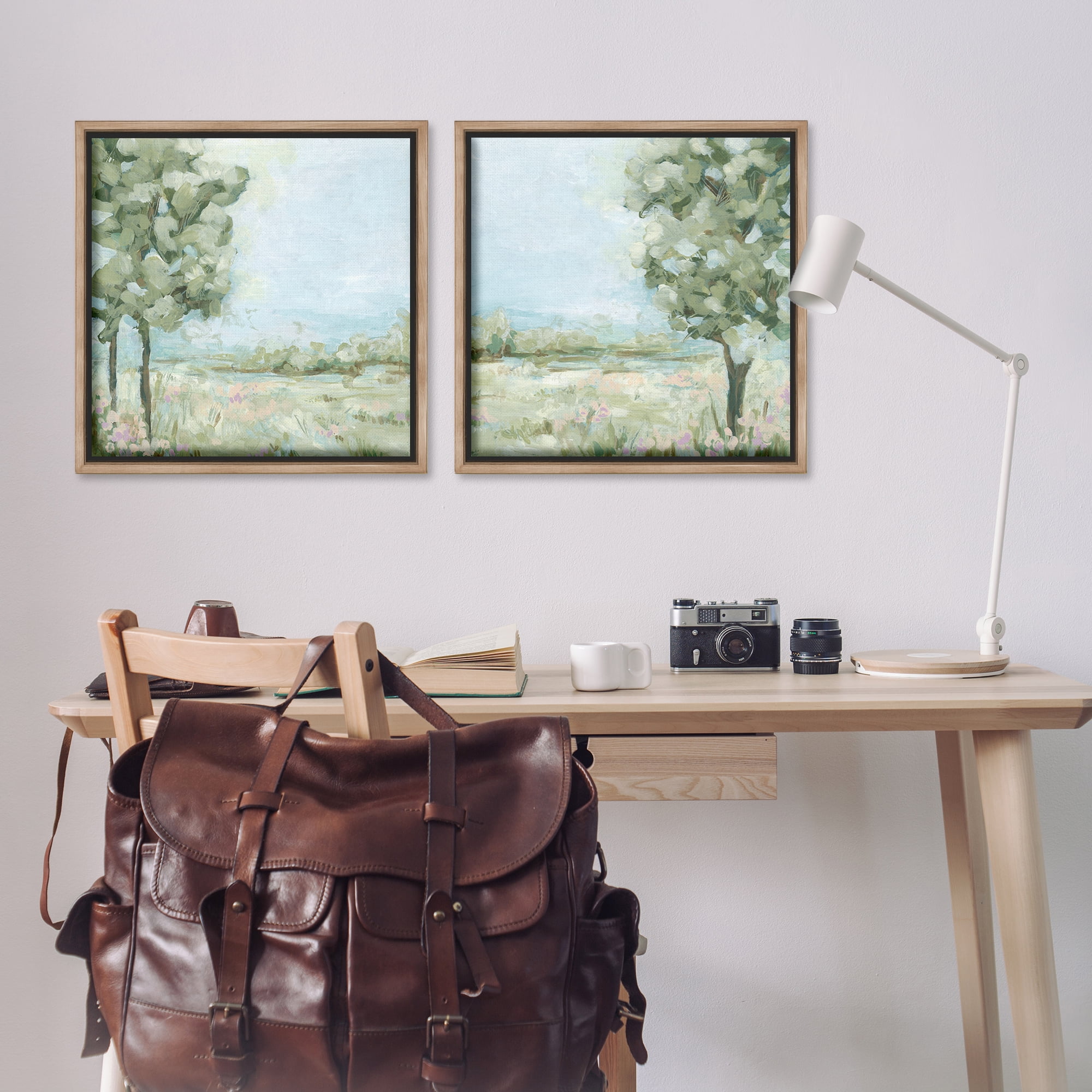 Stupell Industries Bright Spring Field Landscape Landscape & Nature Painting Brown Floater Framed Canvas Art Print Wall Art, 25 x 25, Set of 2