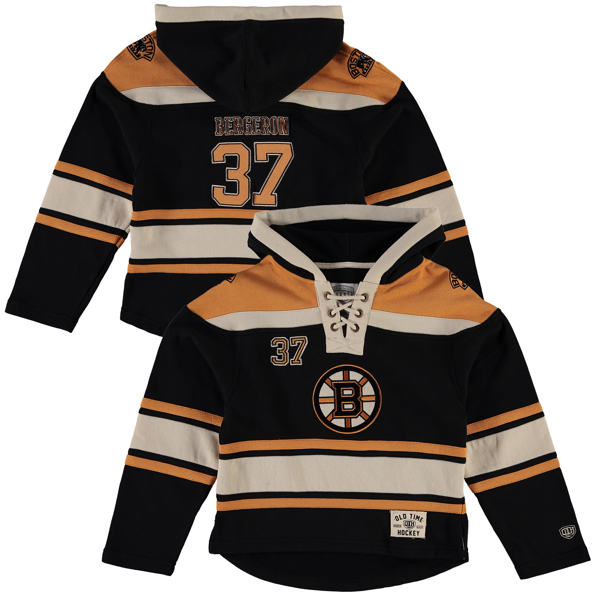 Patrice Bergeron Boston Bruins Old Time Hockey Youth Current Player Lacer Name & Number Pullover Hoodie Black by Old Time Hockey