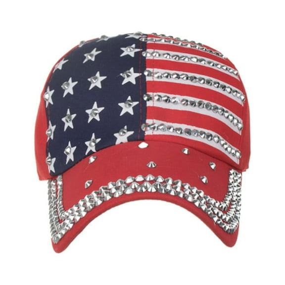 Baseball Cap Breathable Men Women American Flag Adjustable Cotton Star Rhinestone Lightweight Baseball Hat Red