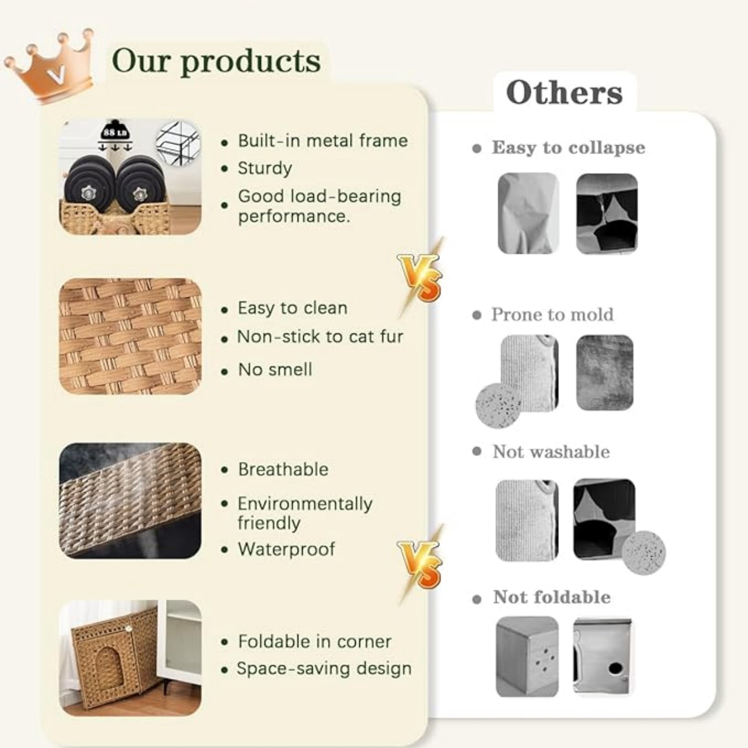 Cat Beds Indoor Kitten House, Handwoven Rattan Cat Cave Pet Cube, Large Cat Houses, One Bed Mat, Foldable, Hideaway, 16.5x16.5x13.2 Inches, 2 S-Shaped Hooks in Living Room Bedroom Natural