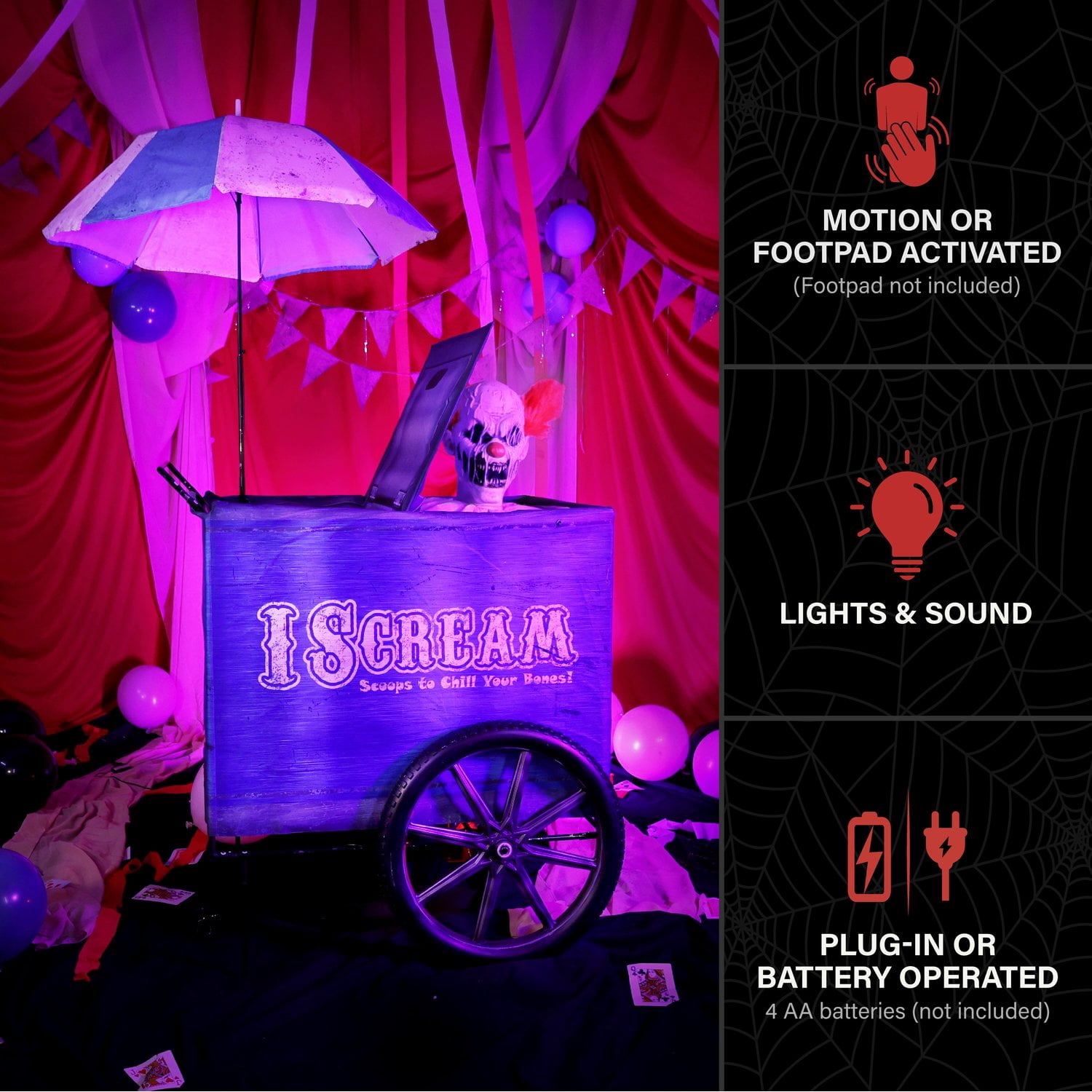 Haunted Hill Farm Multicolor LED Plug-In/Battery I Scream Clown Cart Halloween Animatronic 6-Ft.