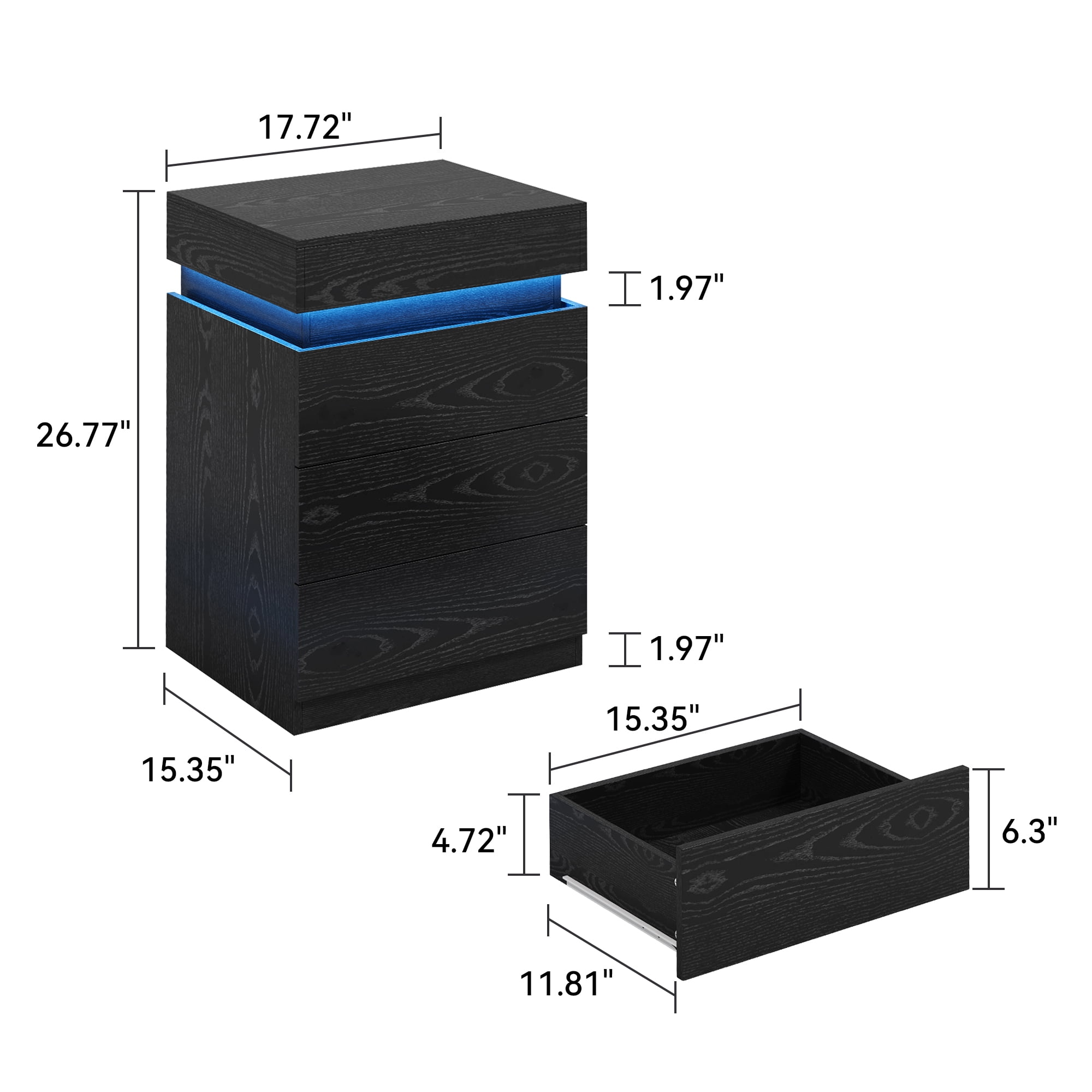 Leumius 3 Drawer Small Nightstand with Charging Station,LED and Open Shelf,Modern Bedside Table,Wooden End Table for Bedroom,Black