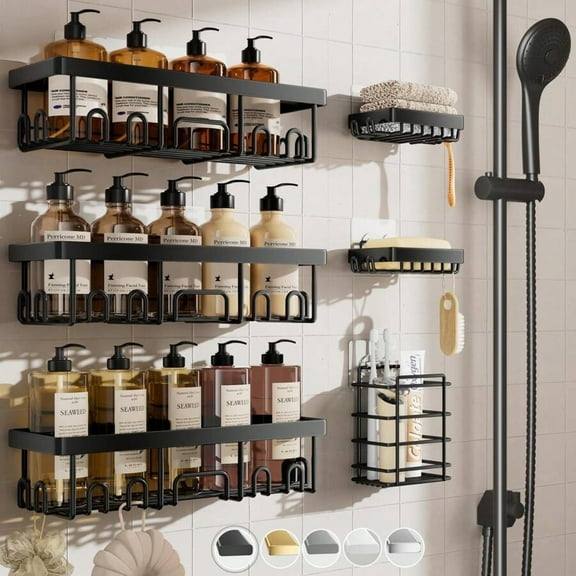 6 Pcs Shower Caddy Set - Black Bathroom Shower Organizers with Stainless Steel Wall-Mounted Adhesive Baskets, Suitable for Bathroom & Back to School