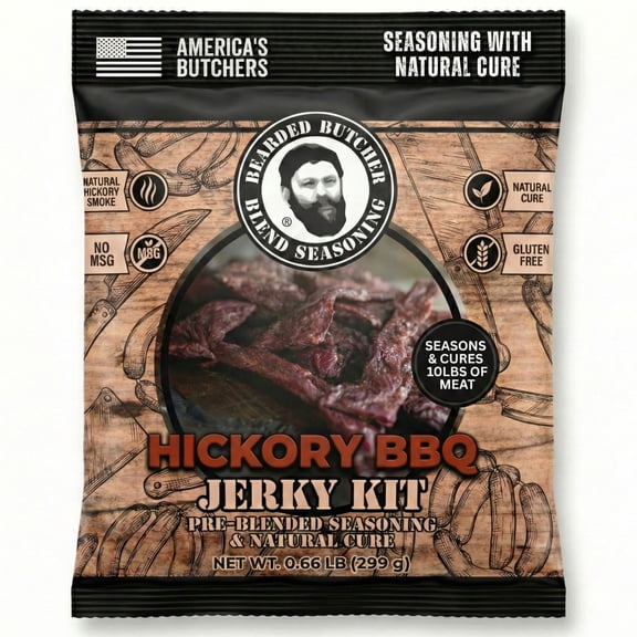 The Bearded Butchers Hickory BBQ Jerky Seasoning & Natural Cure Kit – Makes 10 lbs of Beef, Deer, or Wild Game Jerky – With Celery & Cherry Powder