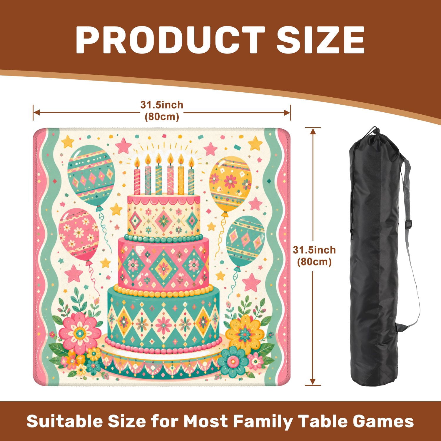 Mahjong Mat 31.5" x 31.5" Colorful Festive Birthday Cake Balloons Stars Non-Slip Noise Reduction Mahjong Tiles Table Cover for Dominoes Poker Card Board and Tile Games
