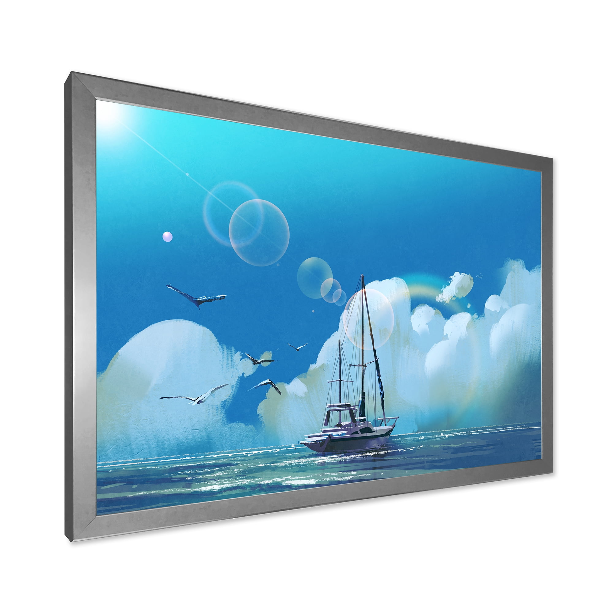 Designart 'The Sailboat On The Blue Sea Against Summer Clouds Sky' Nautical & Coastal Framed Art Print