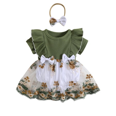 

Infant Baby Girls Romper Dress Flower Embroidery Knit Rib Ruffles Crew Neck Jumpsuits Summer Bodysuits with Bow Headband