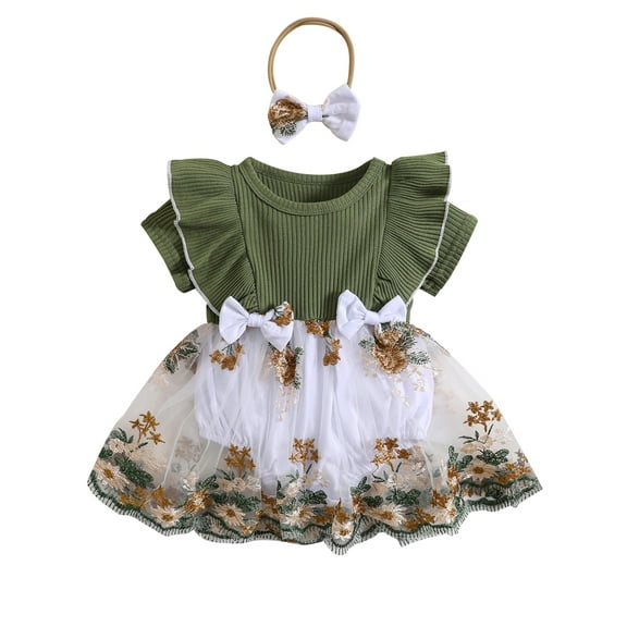 Wassery Infant Baby Girls Romper Dress 3 6 18 24 Months Newborn Girl Flower Embroidery Knit Rib Ruffles Crew Neck Jumpsuits Summer Bodysuits with Bow Headband