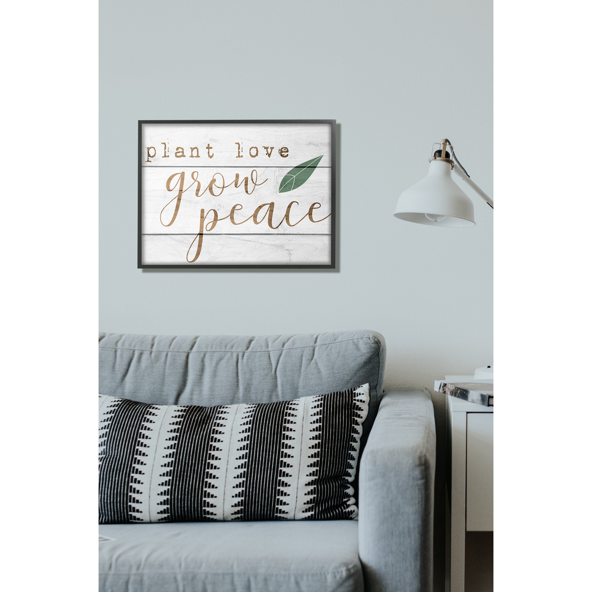 The Stupell Home Decor Collection Plant Love Grow Peace Green Leaf Planked Look Framed Giclee Texturized Art, 11 x 1.5 x 14
